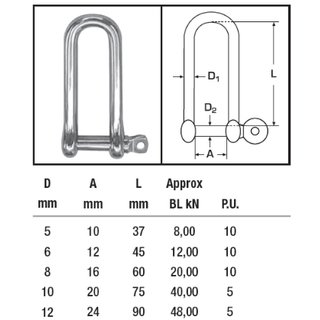 Shackle straight long - W-PREMIUM - captive bolt - stainless steel V4A D 5 mm A4